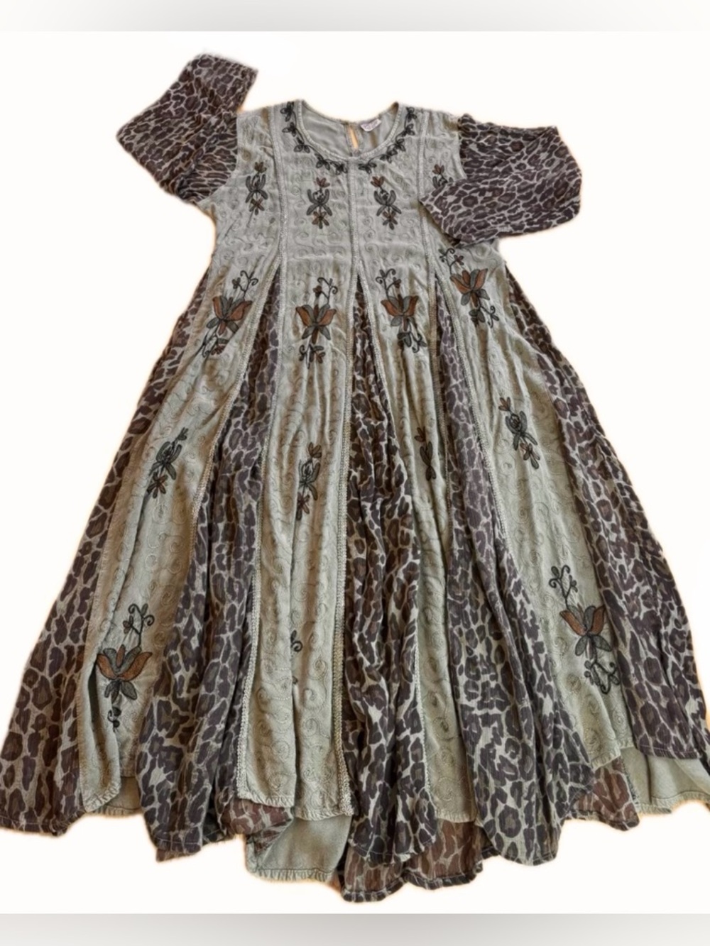 Vintage Magic Green Leopard Print Rayon Boho Paneled Maxi Dress Embroidered 1XL